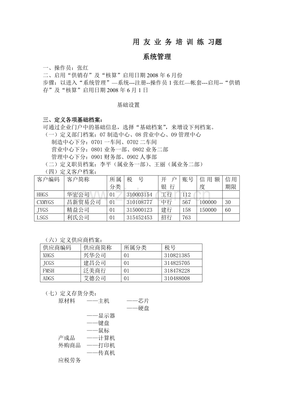用友 购销存 进销存 模板练习手册 练习题.docx_第1页