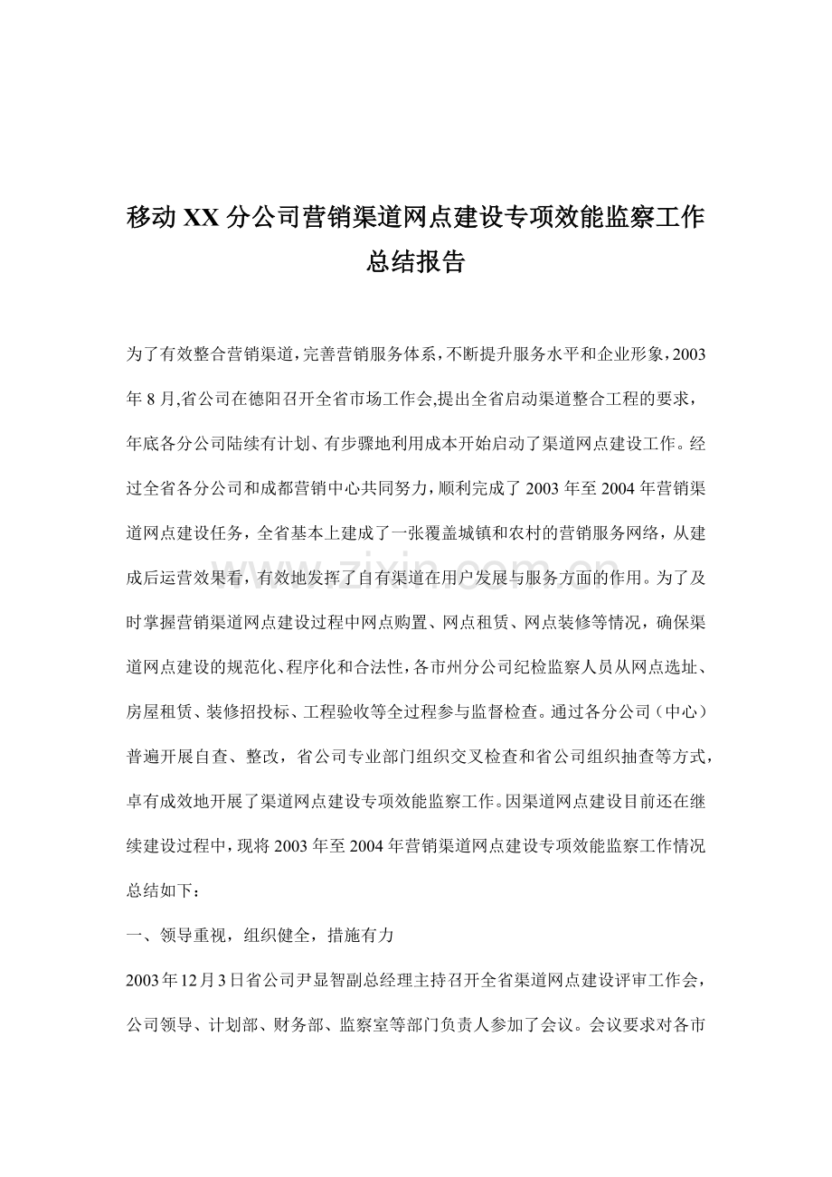 XX公司营销渠道网点建设专项效能监察报告.docx_第1页