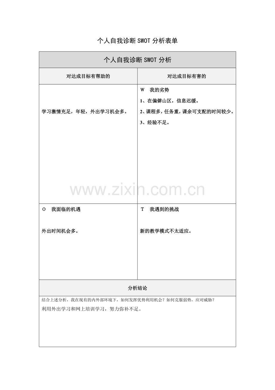 第一步骤所需文档：个人自我诊断SWOT分析表-(11).doc_第1页