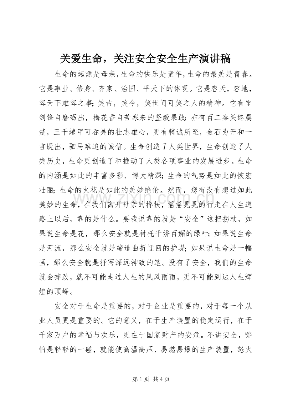 关爱生命关注安全安全生产演讲稿范文.docx_第1页