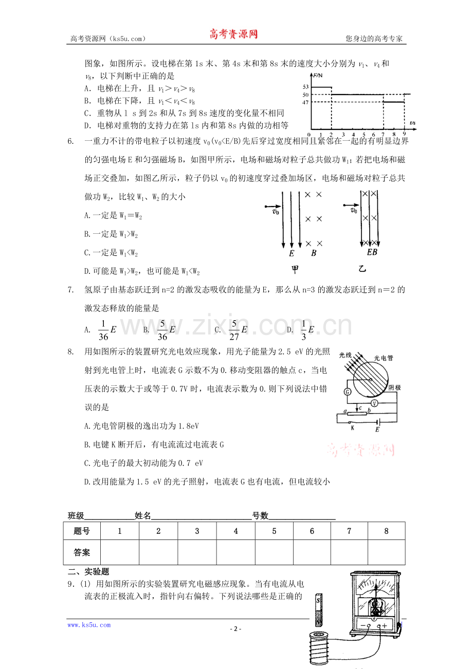 福建省惠安三中2010届高三理综试卷(一)[物理部分].doc_第2页