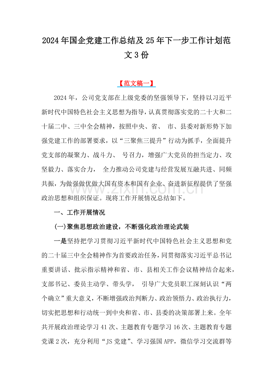 2024年国企党建工作总结及25年下一步工作计划范文3份.docx_第1页