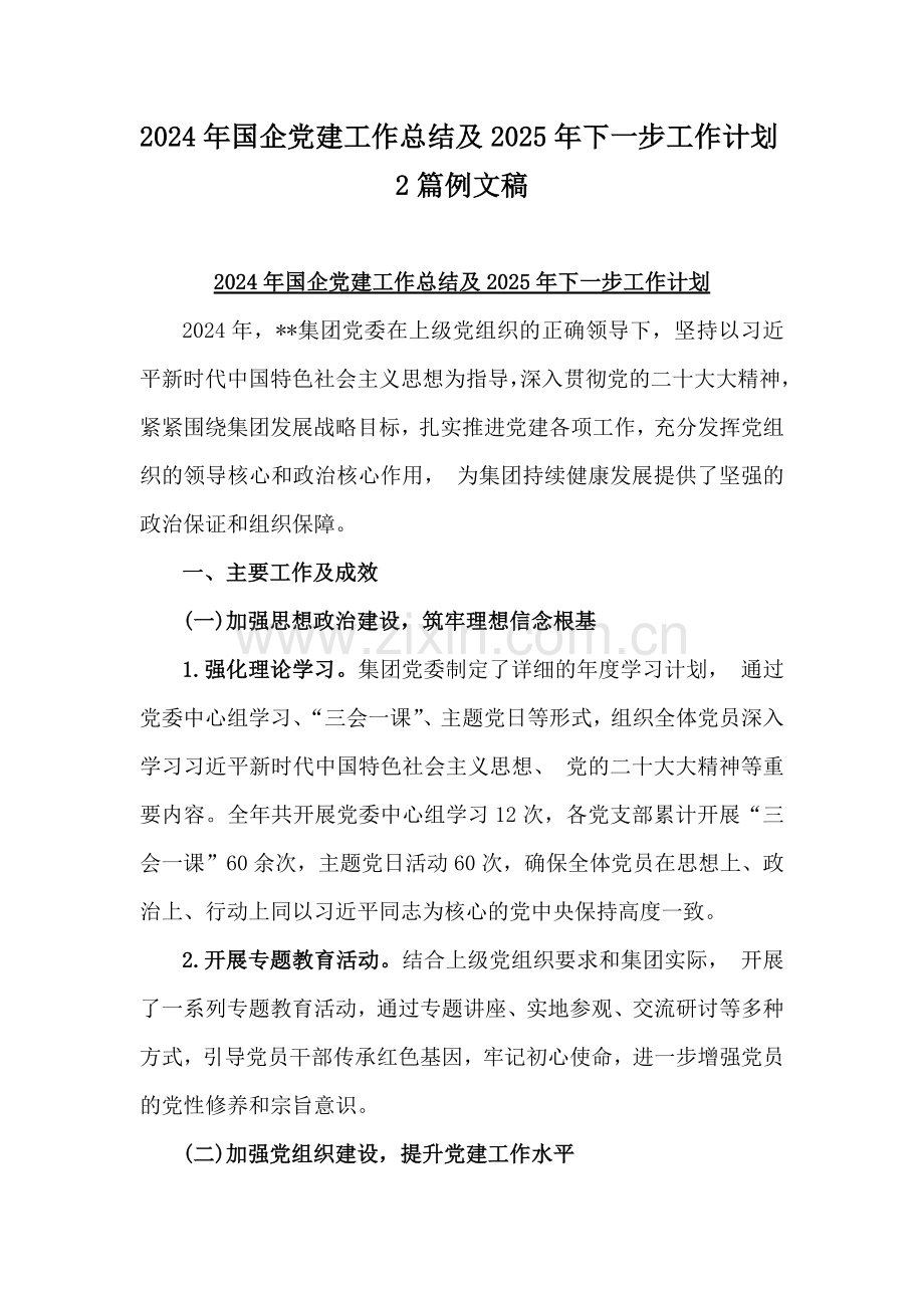 2024年国企党建工作总结及2025年下一步工作计划2篇例文稿.docx_第1页