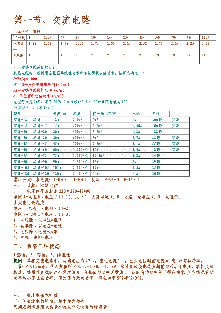 电气计算、发热电缆阻值表.doc_第1页