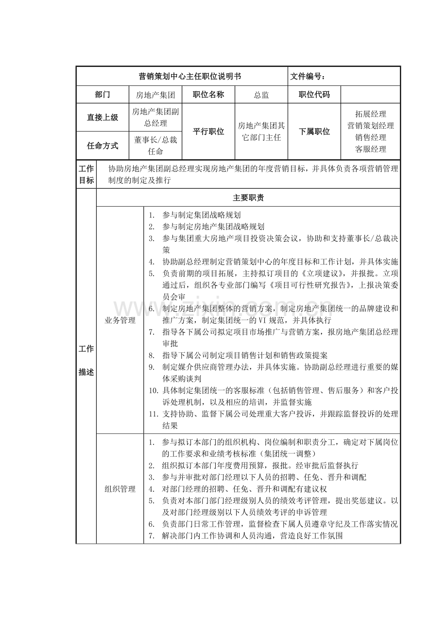 房地产集团营销策划中心主任岗位说明书.docx_第1页