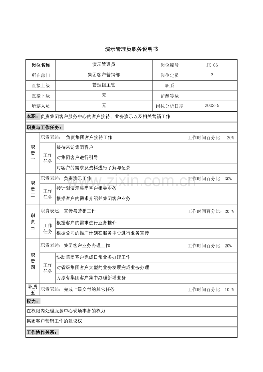 通信行业-集团客户营销部-演示管理员岗位说明书.docx_第1页