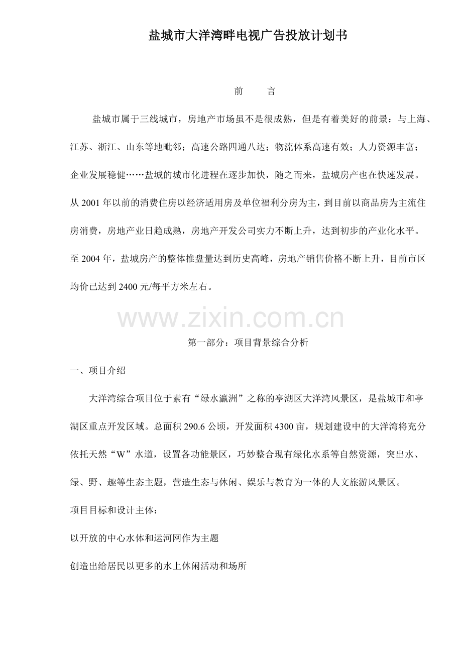盐城市大洋湾畔电视广告投放计划书18(1).docx_第1页