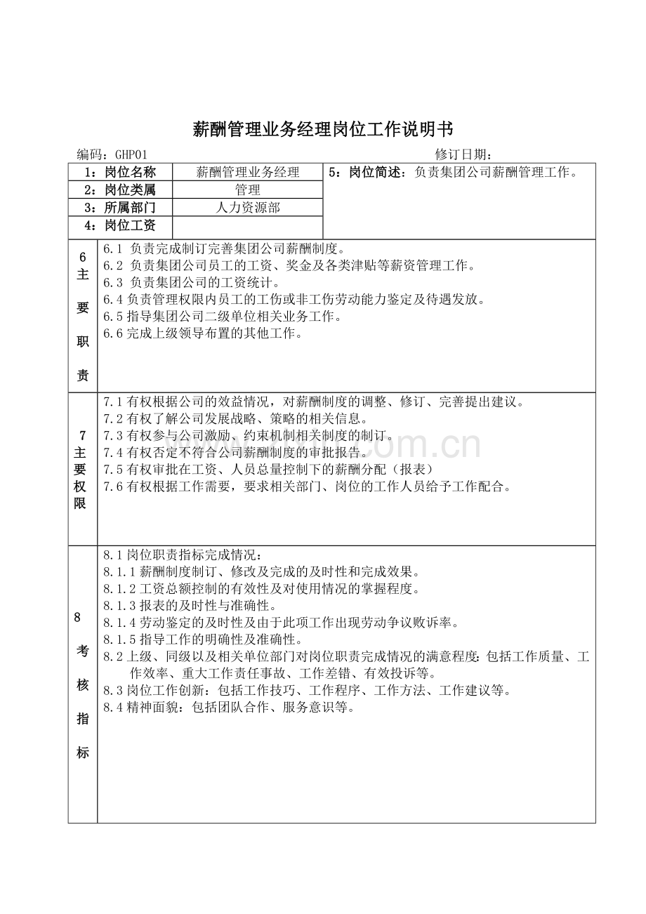 薪酬管理业务经理岗位说明书.docx_第1页