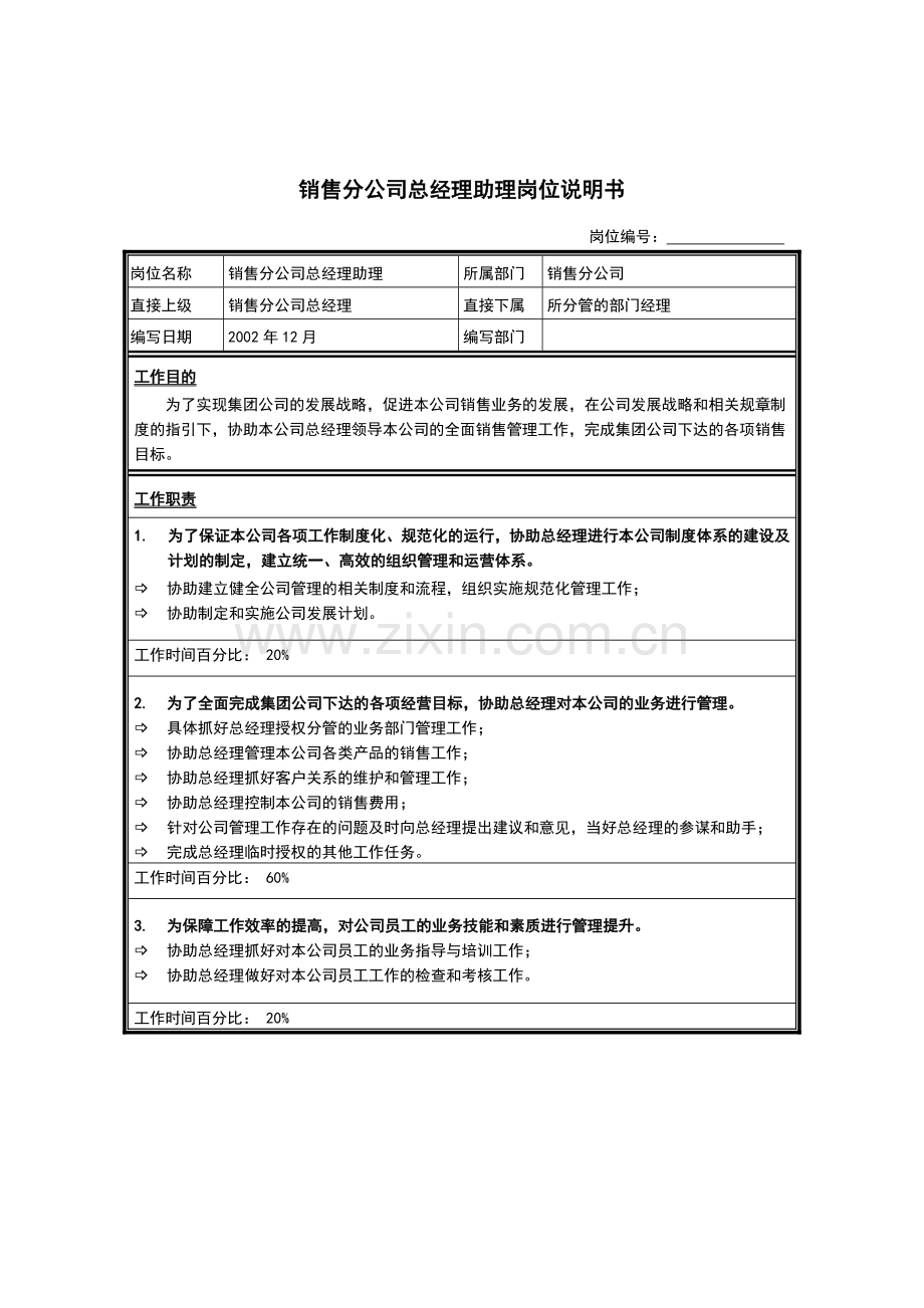 销售分公司总经理助理岗位说明书.docx_第1页