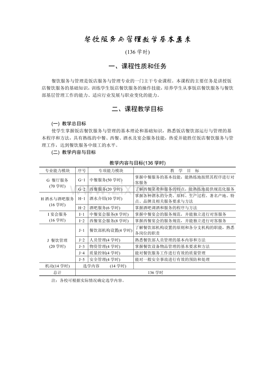 餐饮服务与管理教学基本要求.docx_第1页