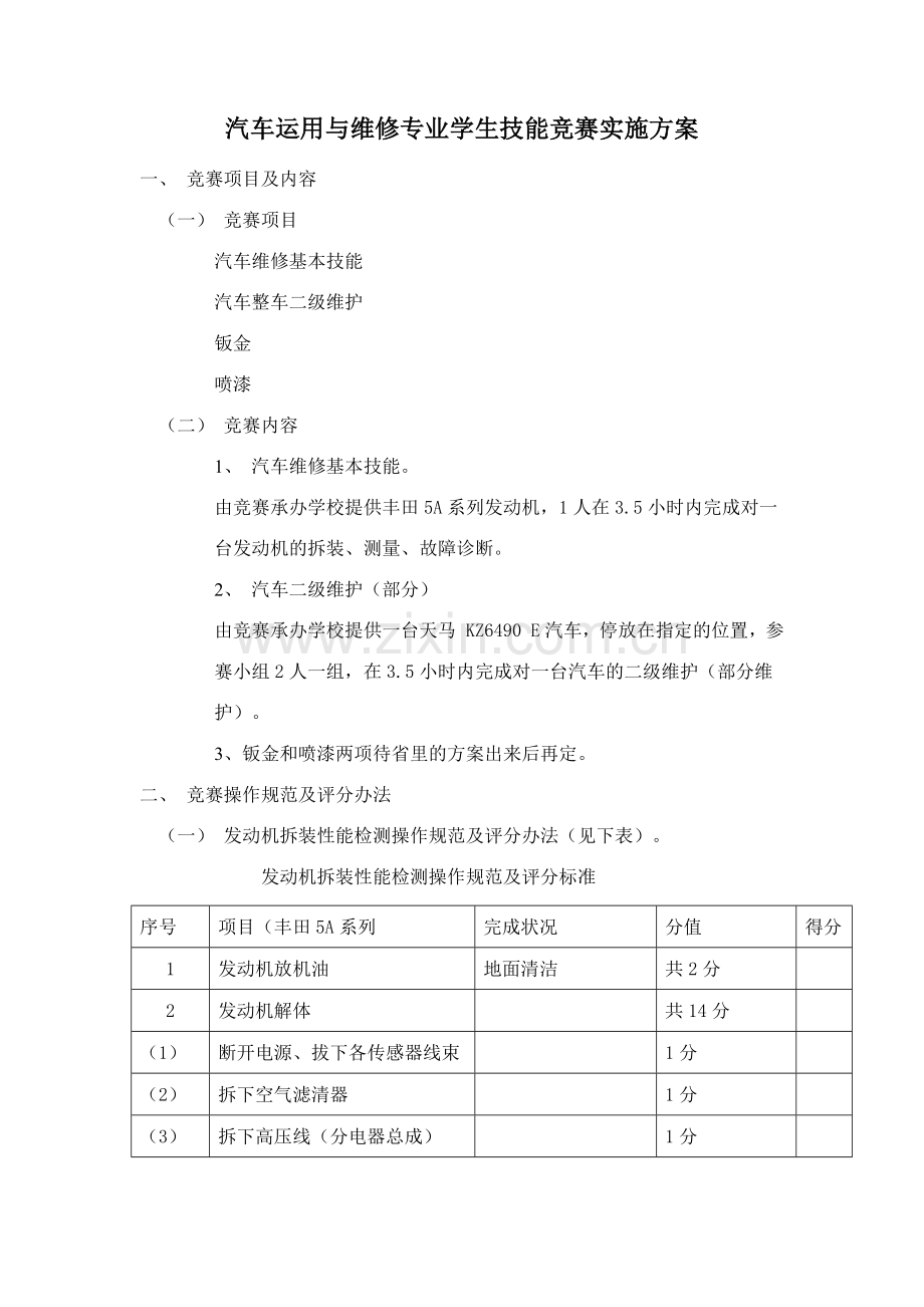 汽车运用与维修专业学生技能竞赛实施方案.docx_第1页