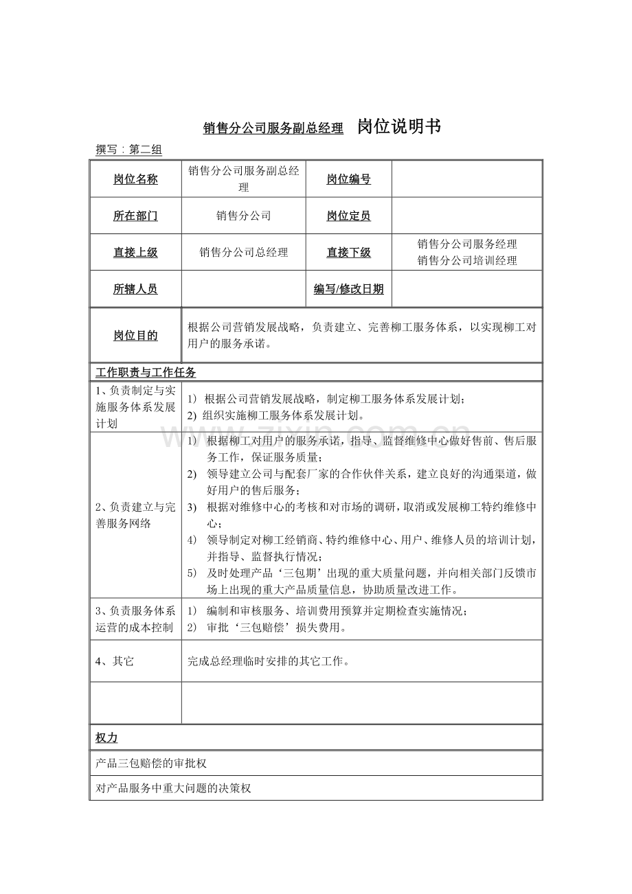 销售分公司服务副总经理岗位说明书.docx_第1页