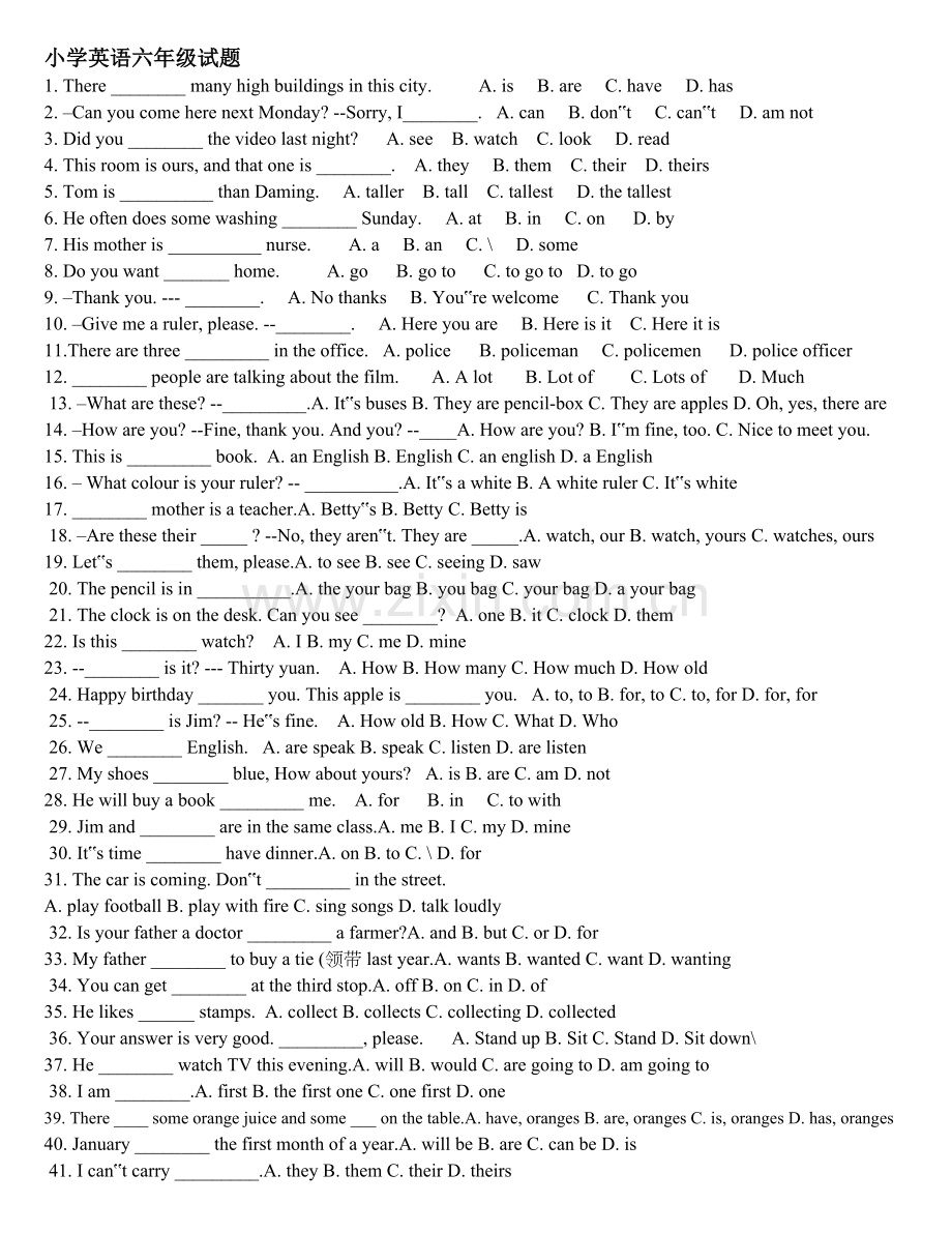 小学六年级英语总复习专项练习(单选题.doc_第1页