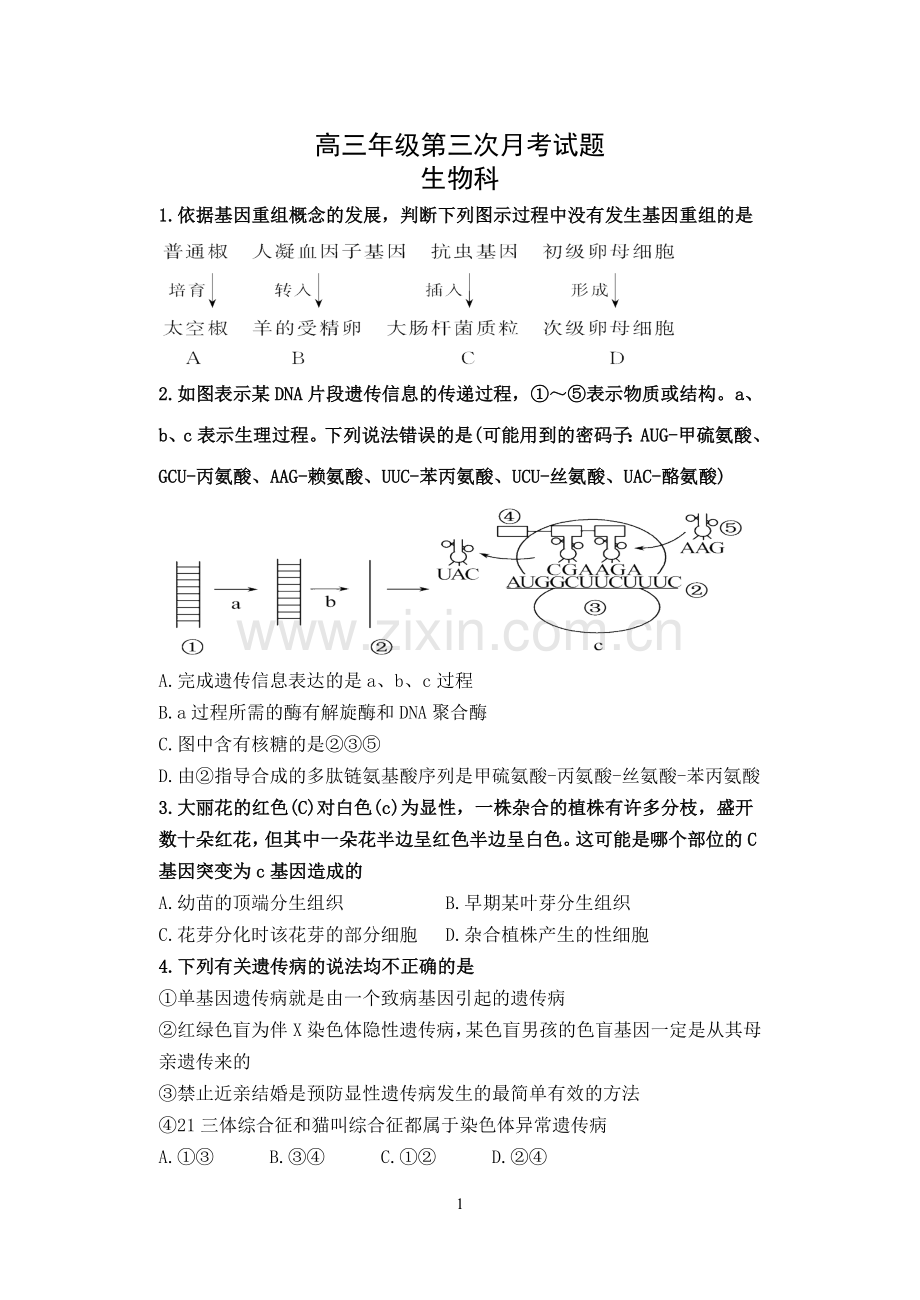 高三年级第三次月考试题.doc_第1页
