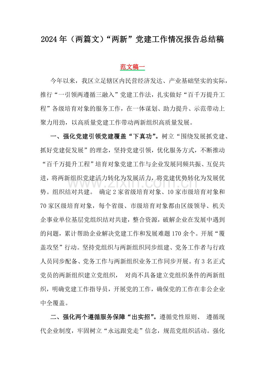2024年（两篇文）“两新”党建工作情况报告总结稿.docx_第1页