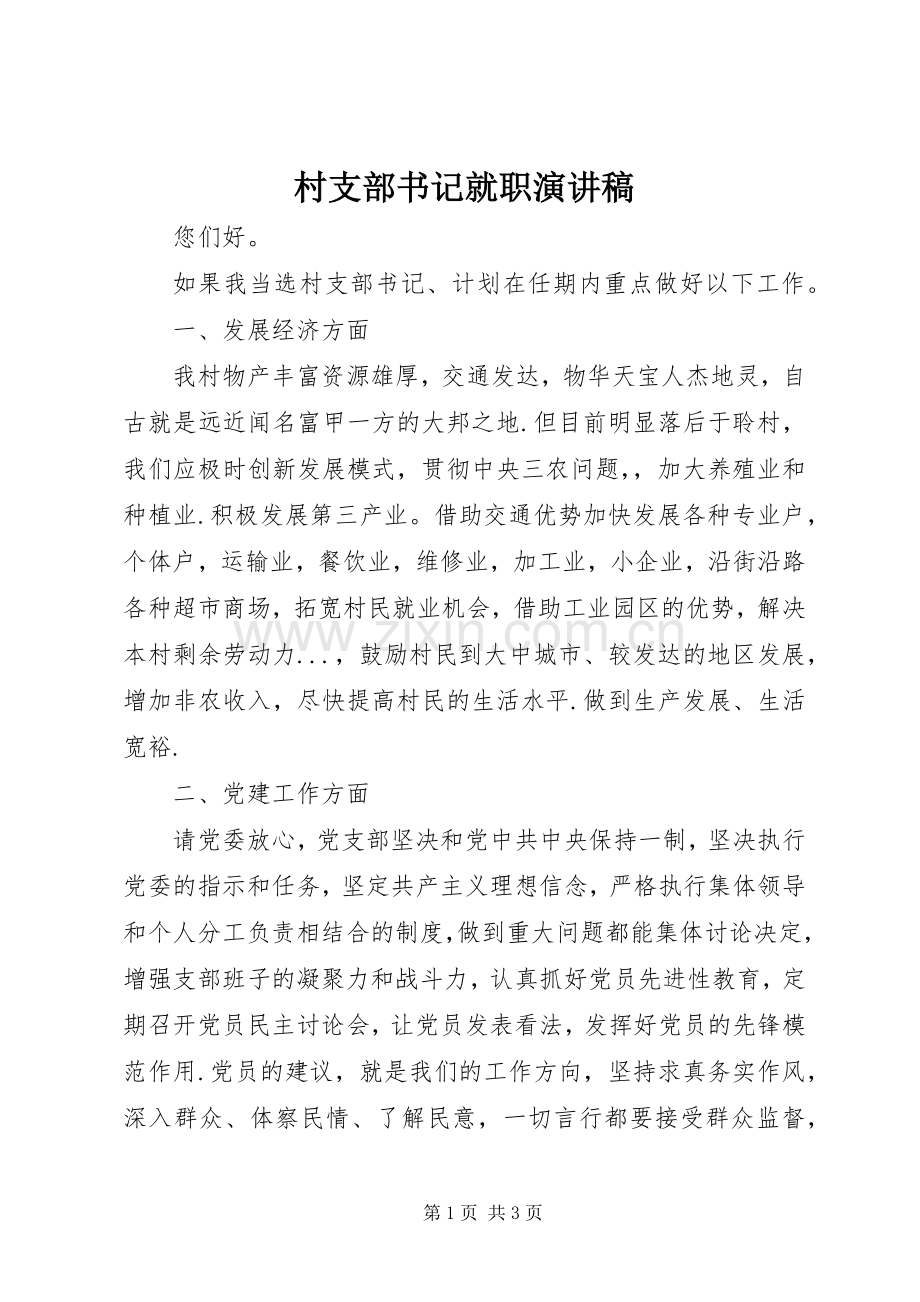 村支部书记就职演讲致辞稿范文.docx_第1页