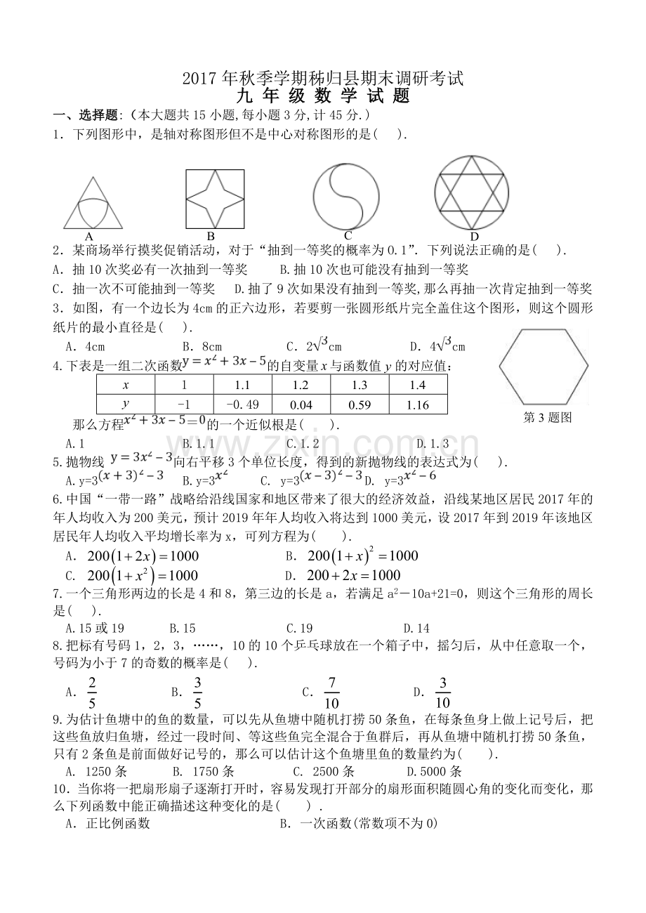 2017年秋季期末考试九年级数学试题（编辑）.doc_第1页