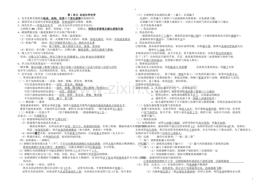 九年级化学单元复习全册知识小结.doc_第1页