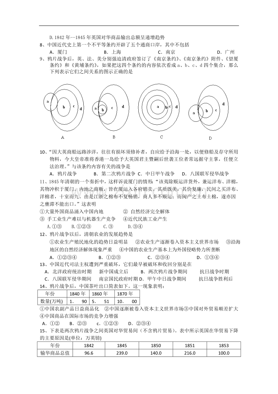 高一历史：第一单元《中国开始沦为半殖民地半封建社会》单元测试(旧人教版上)(无答案).doc_第2页