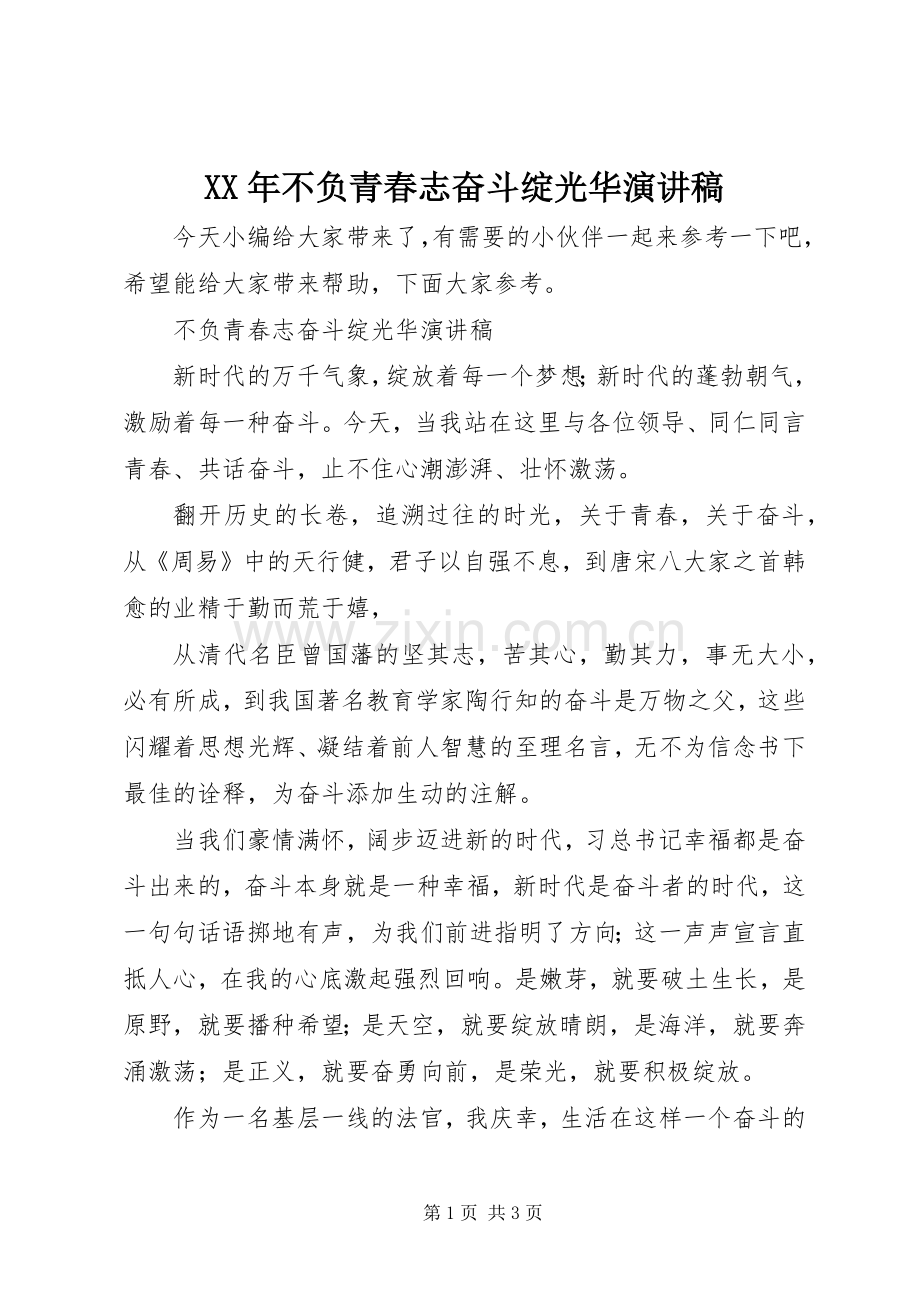 XX年不负青春志奋斗绽光华演讲稿范文.docx_第1页