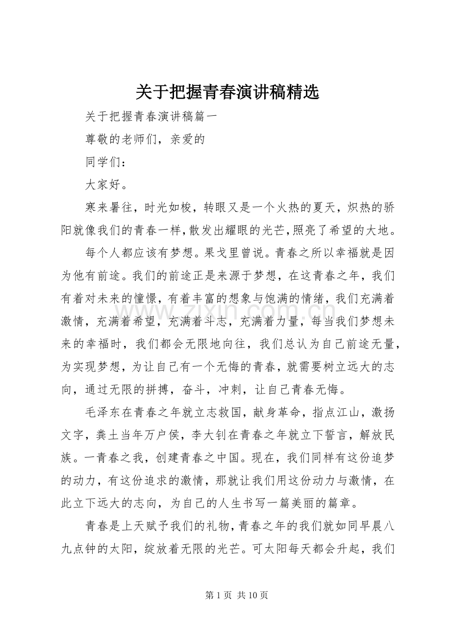 关于把握青春演讲稿范文.docx_第1页