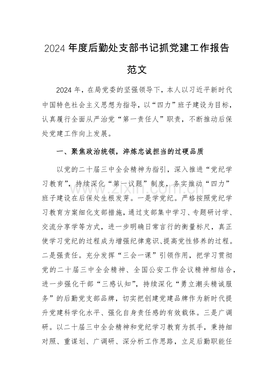 2024年度后勤处支部书记抓党建工作报告范文.docx_第1页
