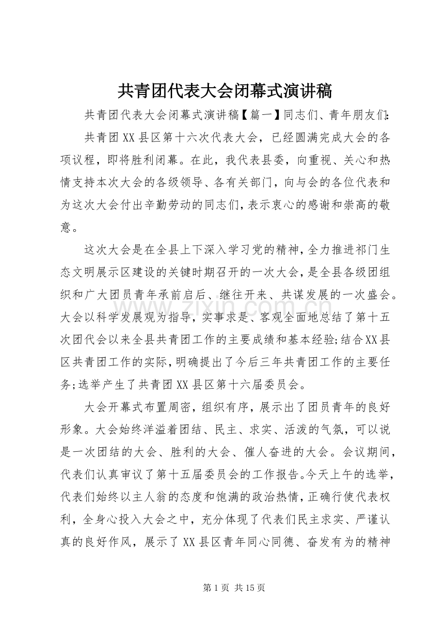 共青团代表大会闭幕式演讲稿范文.docx_第1页