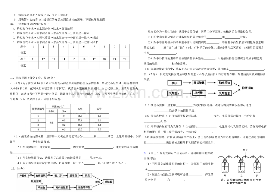 高中生物选修1期中考试题.doc_第2页