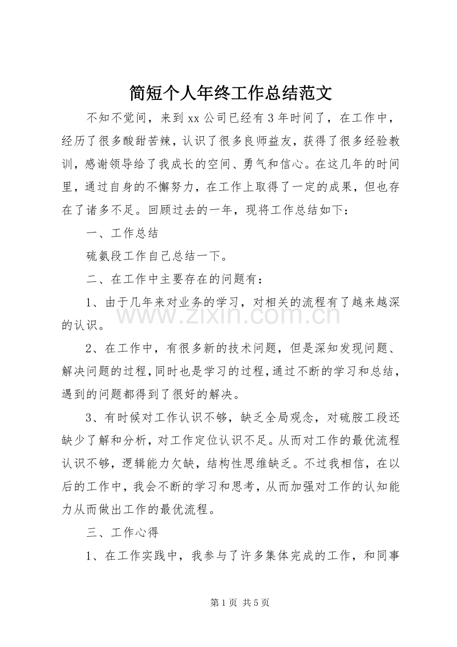 简短个人年终工作总结范文.docx_第1页
