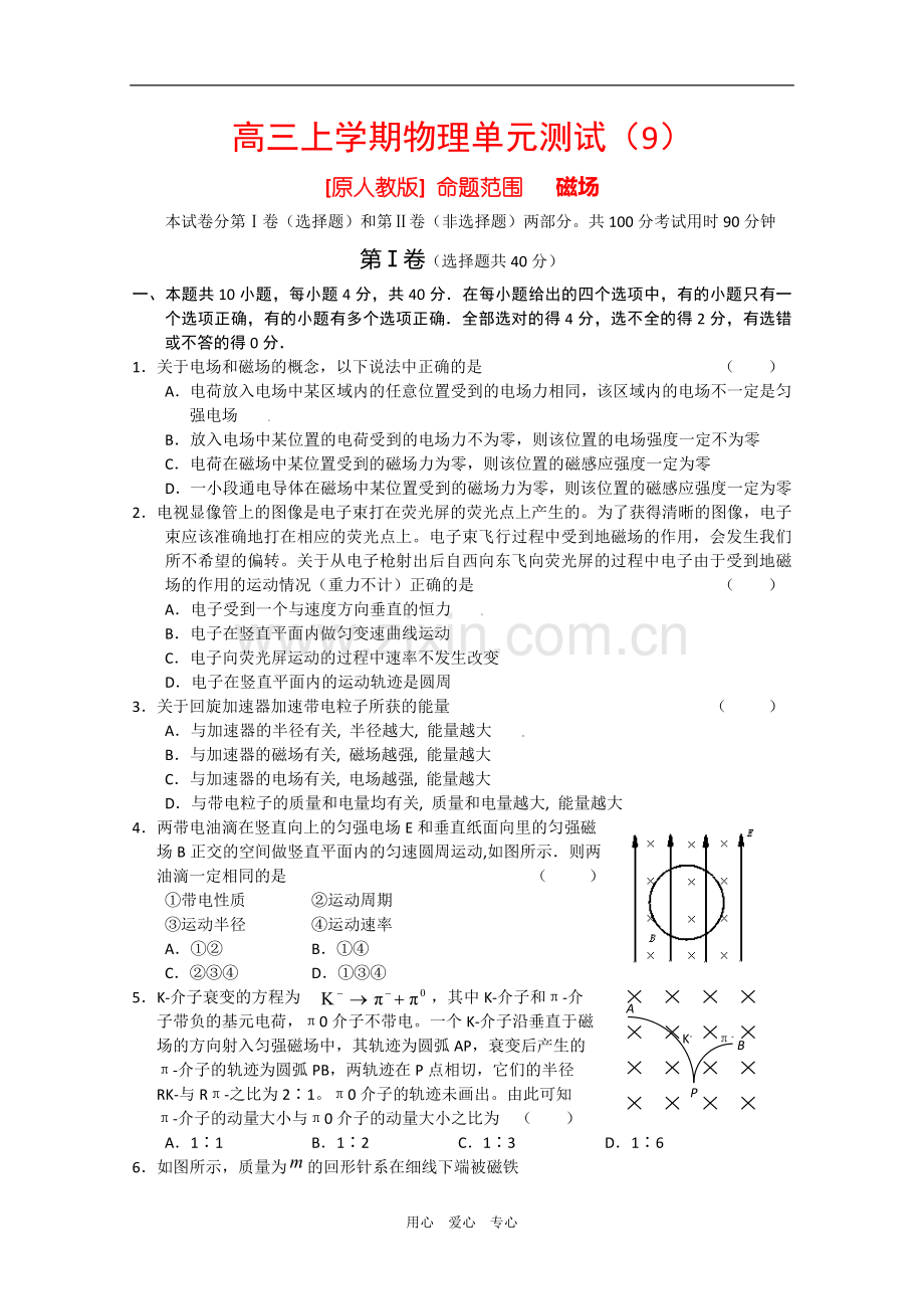 2010届高三物理高考非课改单元测试(9)：磁场(含详解).doc_第1页