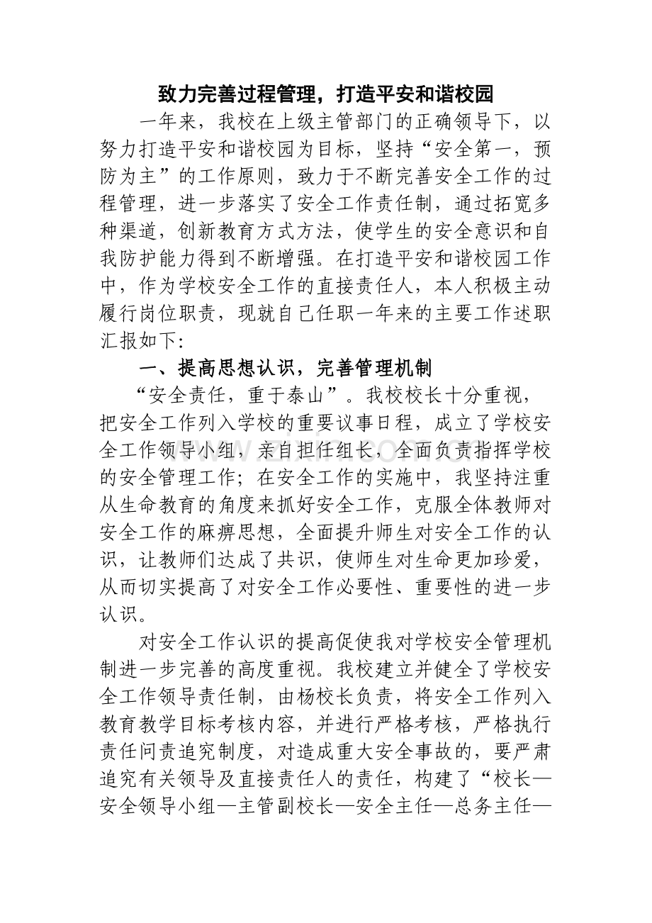 致力完善过程管理--安全工作总结发言稿彭启武.docx_第1页