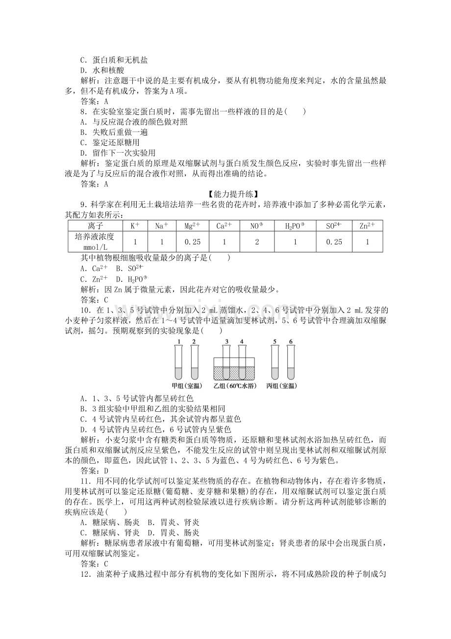 2019_2020学年高中生物21细胞中的元素和化合物课后分层检测案含解析新人教版必修12019090415.doc_第2页