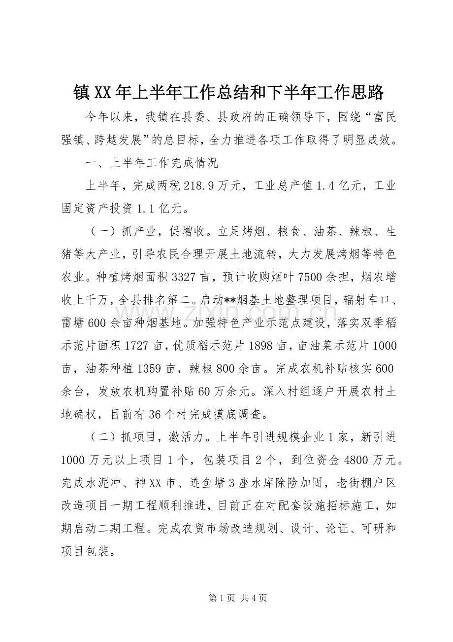 镇XX年上半年工作总结和下半年工作思路.docx_第1页