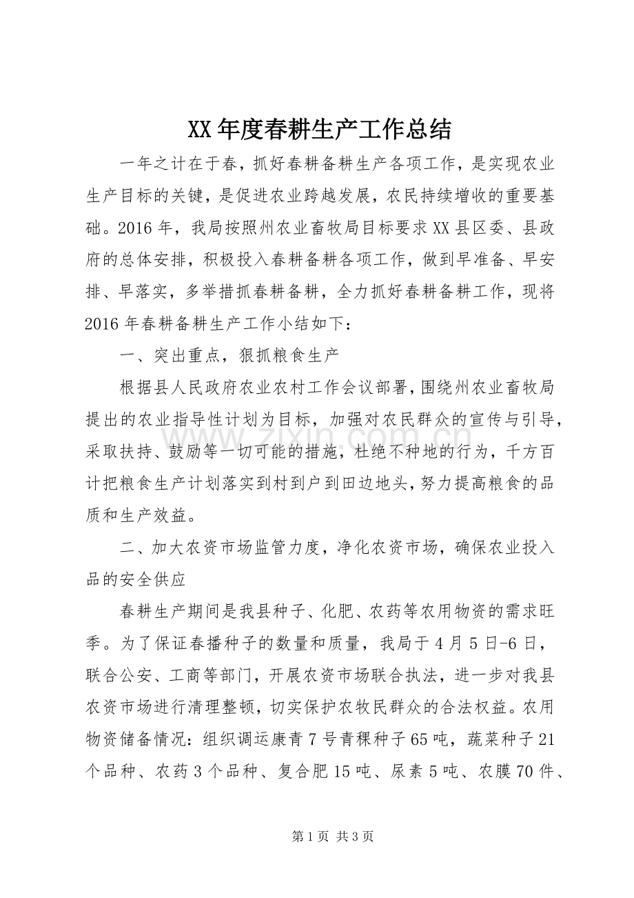 XX年度春耕生产工作总结.docx_第1页