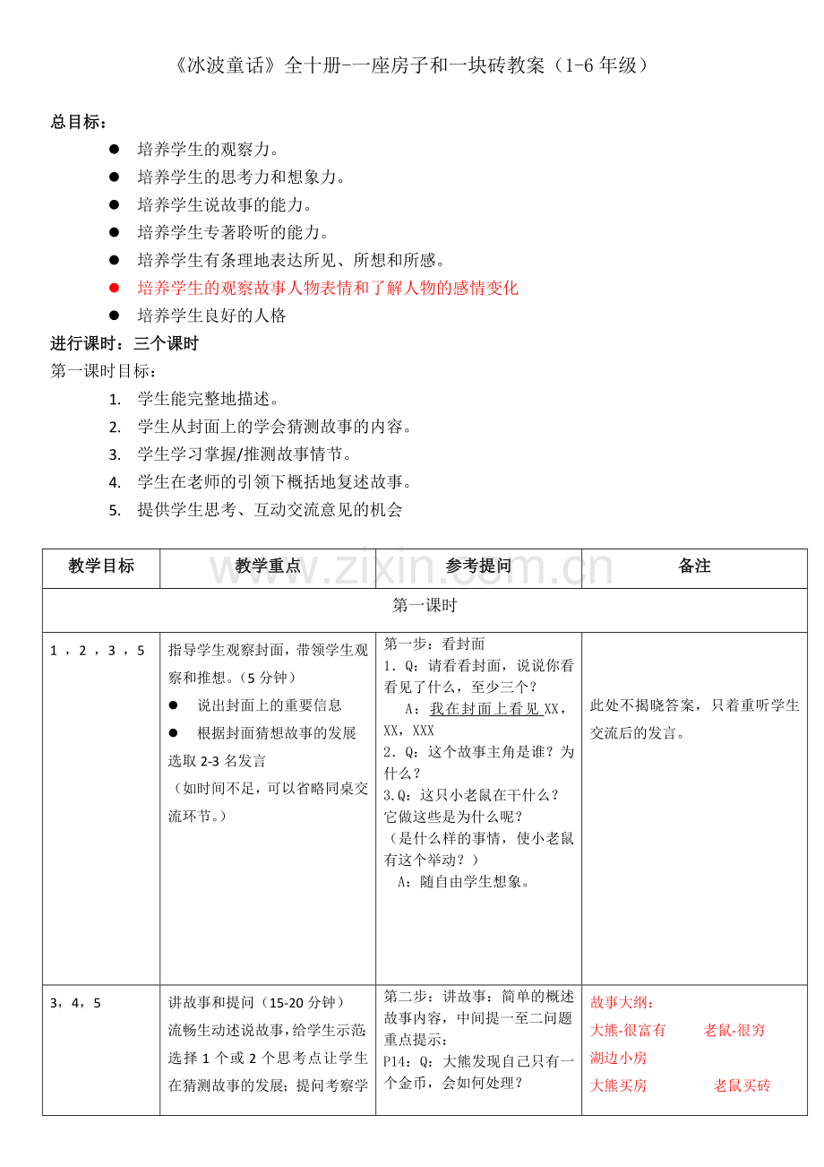 冰波童话—《一座房子和一块砖》教学大纲.doc_第1页