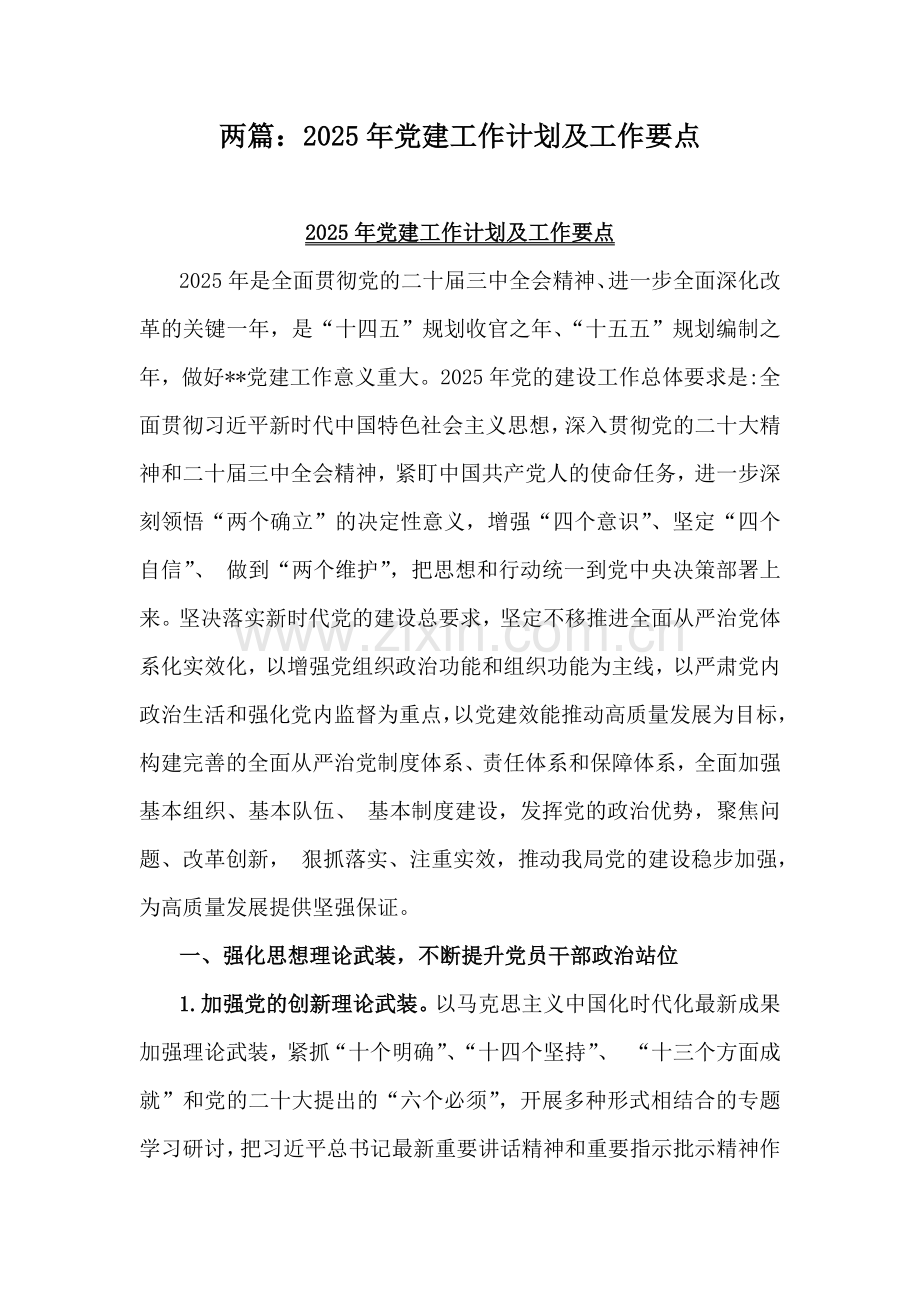 两篇：2025年党建工作计划及工作要点.docx_第1页