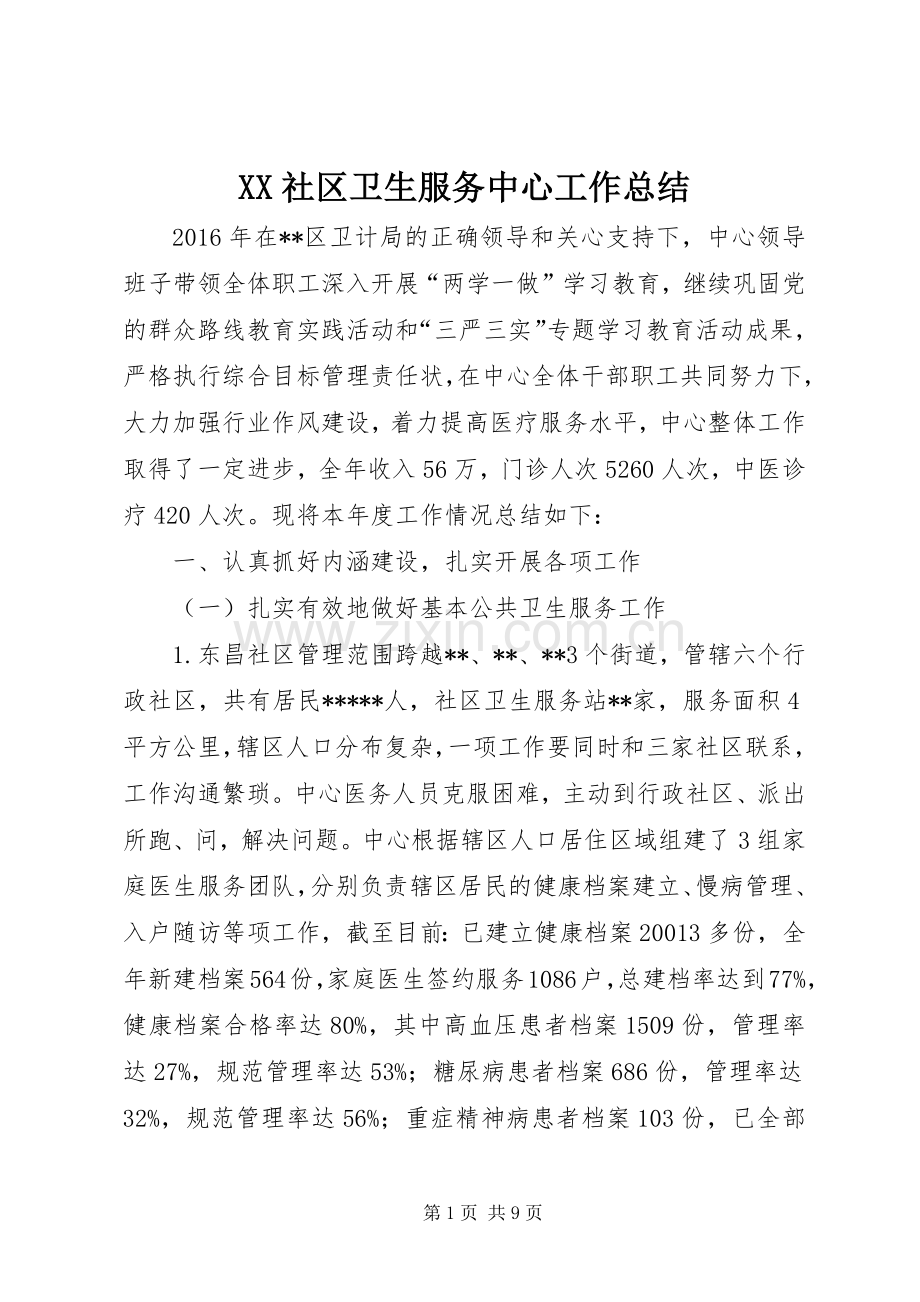 XX社区卫生服务中心工作总结.docx_第1页