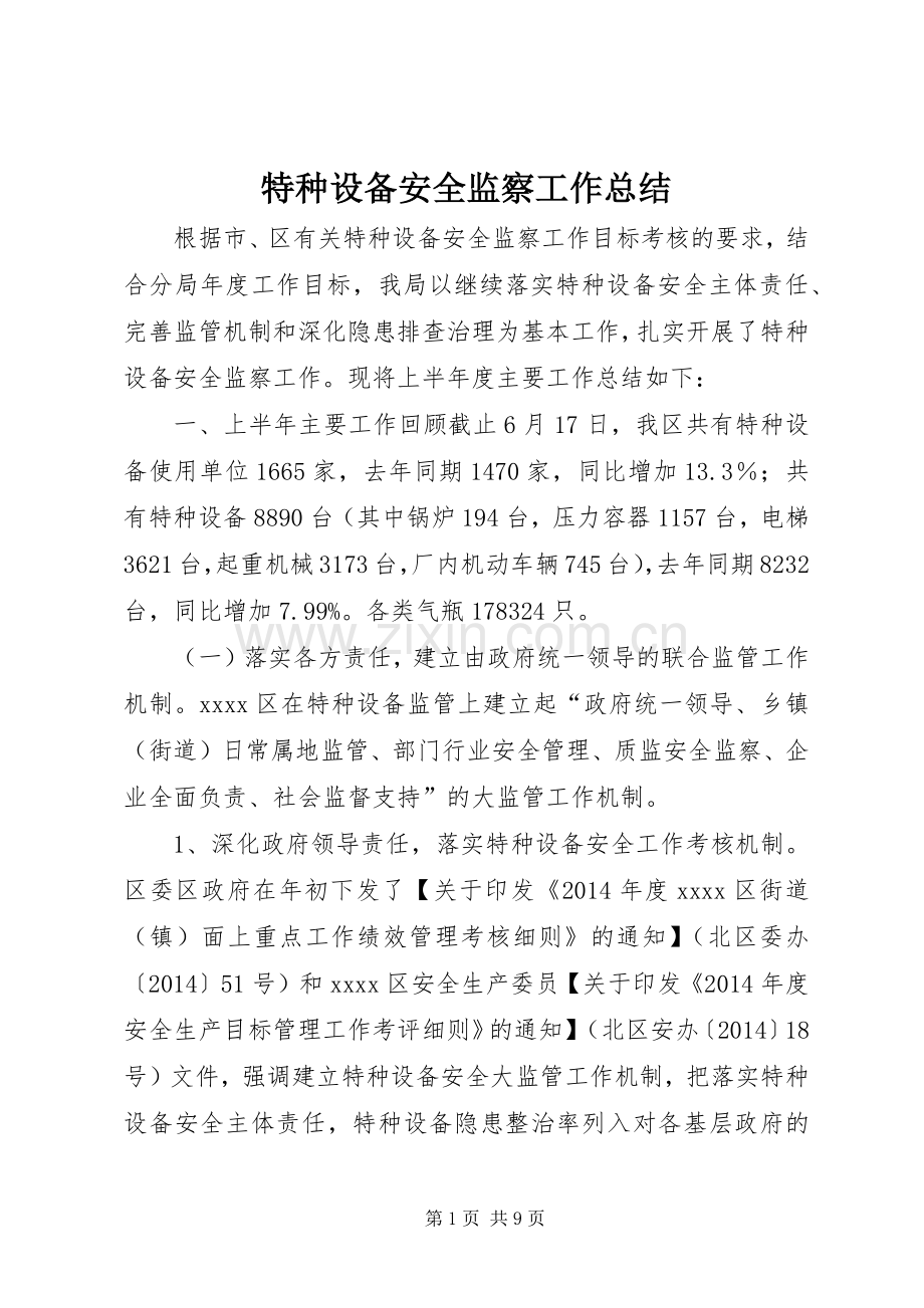 特种设备安全监察工作总结.docx_第1页
