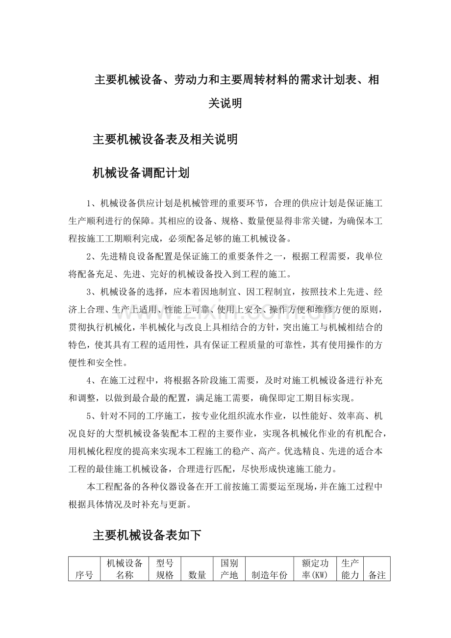 幕墙主要机械设备、劳动力和主要周转材料的需求计划表、相关说明.doc_第1页