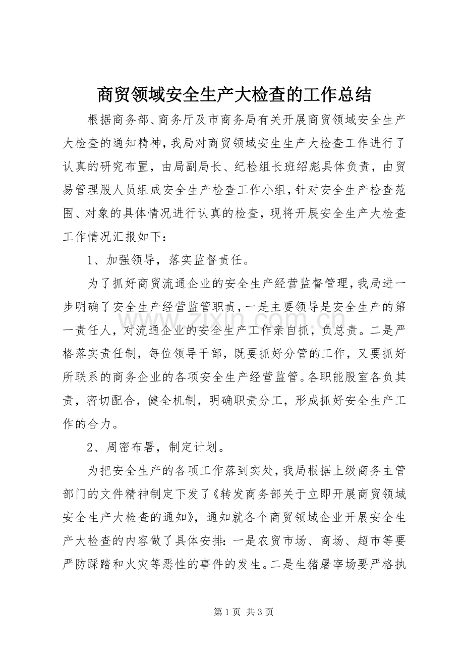 商贸领域安全生产大检查的工作总结.docx_第1页