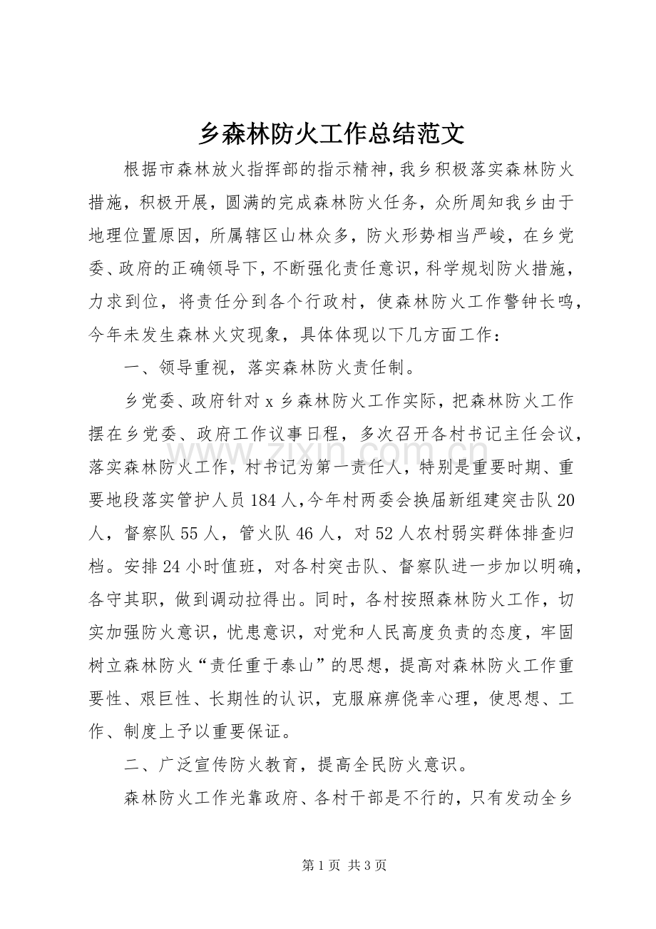 乡森林防火工作总结范文.docx_第1页
