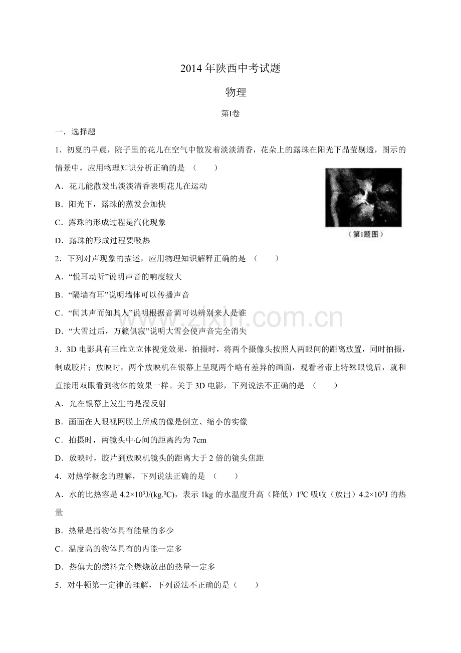 陕西省2014年中考物理试题（word版含答案）.doc_第1页