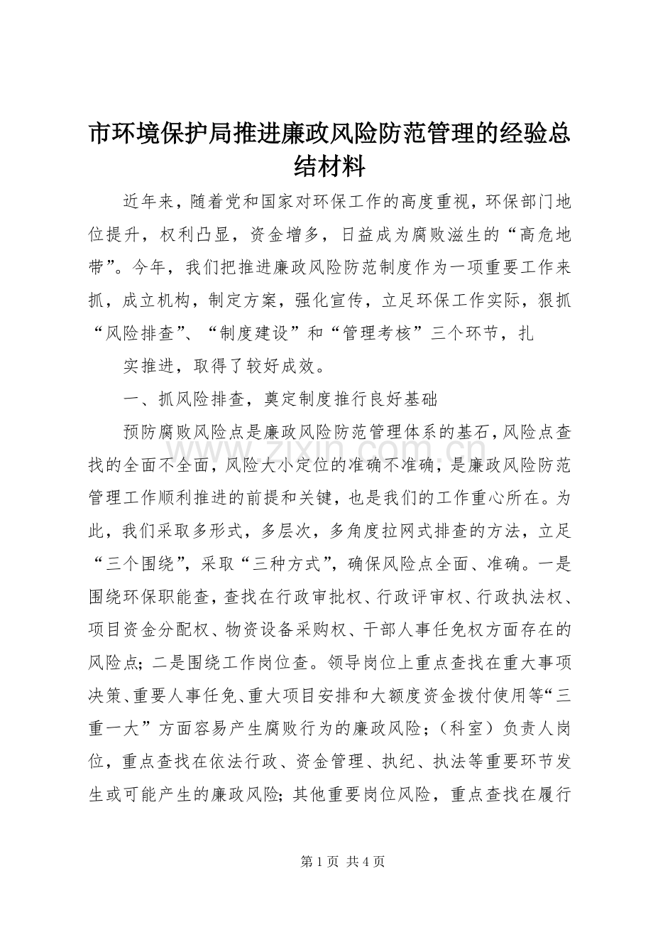 市环境保护局推进廉政风险防范管理的经验总结材料.docx_第1页