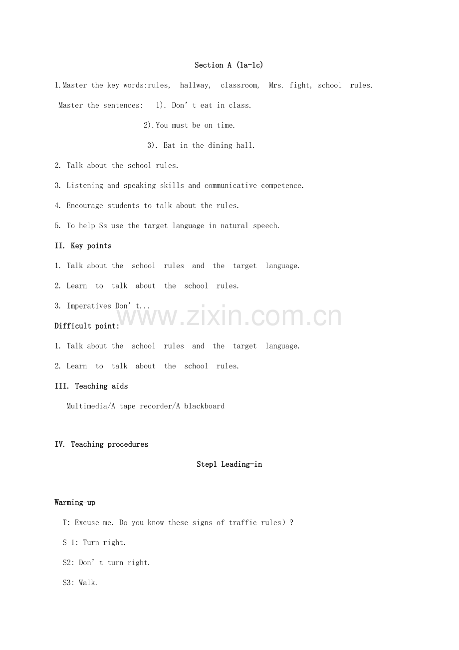 广东省揭阳市七年级英语下册 Unit 4 Don't eat in class教案 （新版）人教新目标版-（新版）人教新目标版初中七年级下册英语教案.doc_第2页