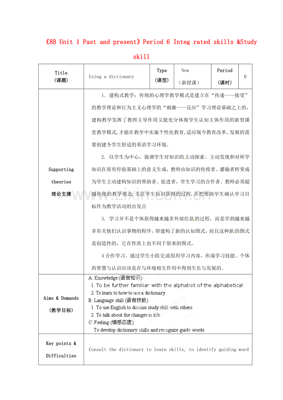 江苏省海安县大公初级中学八年级英语下册《8B Unit 1 Past and present》Period 6 Integ rated skills &Study skill教案 牛津版.doc_第1页