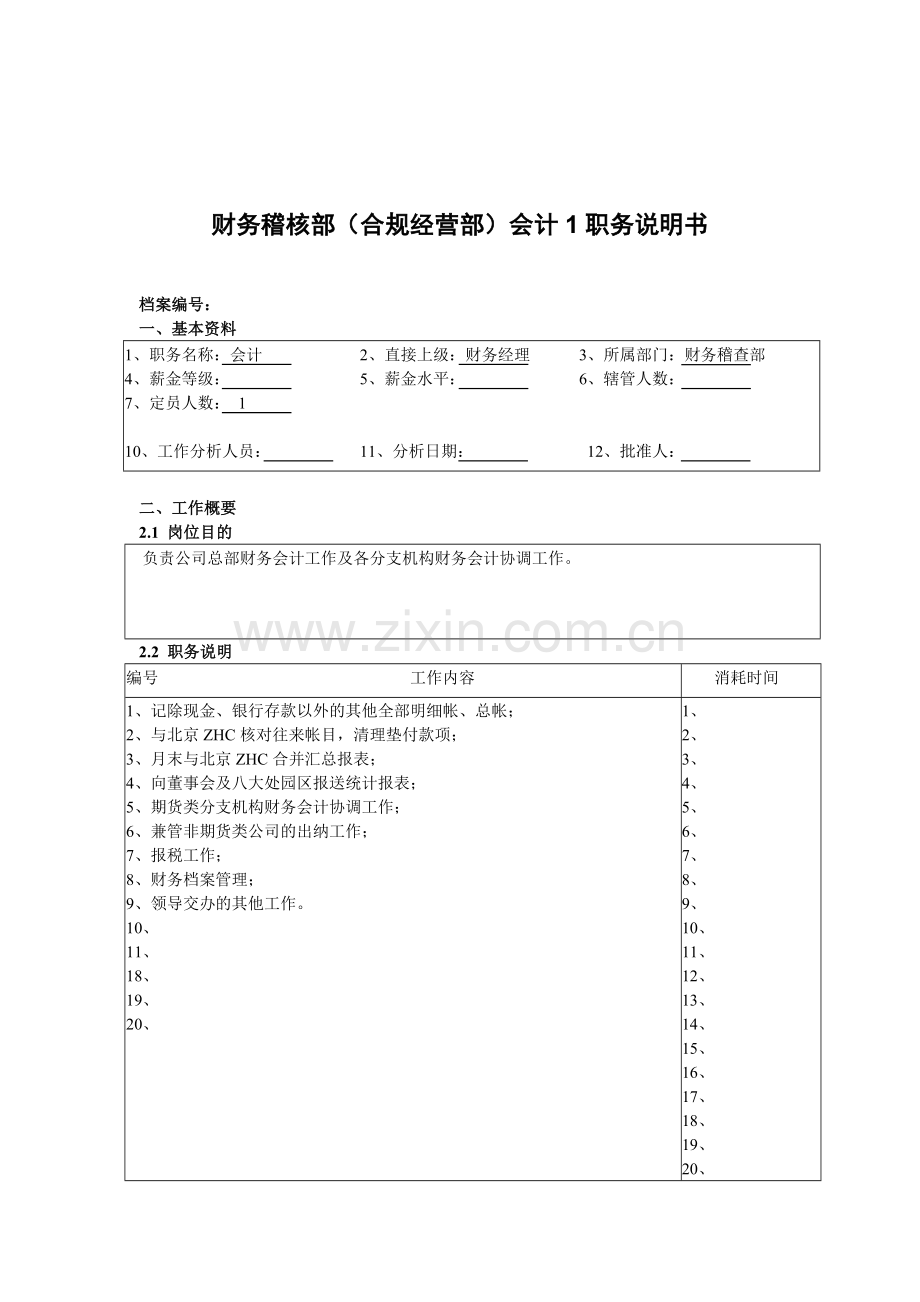财务稽核部（合规经营部）会计1职务说明书.docx_第1页