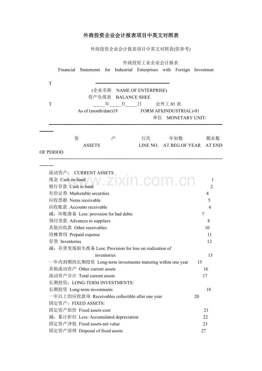 外商投资企业会计报表项目中英文版( 14).docx_第1页
