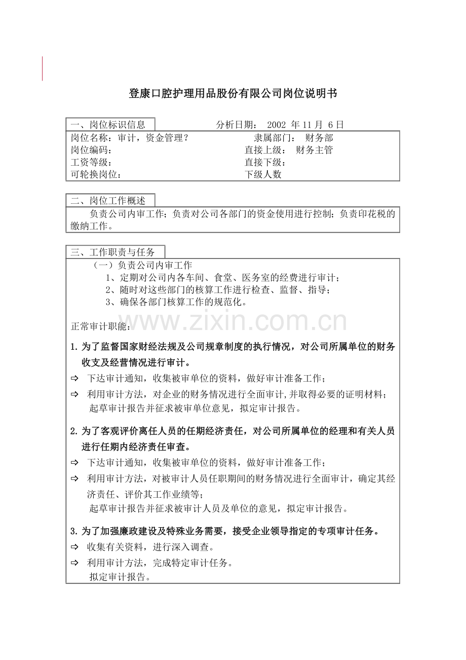 登康口腔护理用品股份有限公司审计、资金管理岗位说明书.docx_第1页