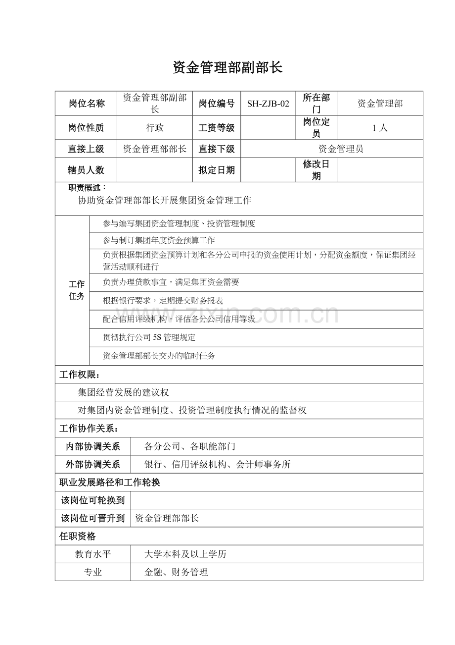 某汽车集团资金管理部副部长岗位说明书.docx_第1页