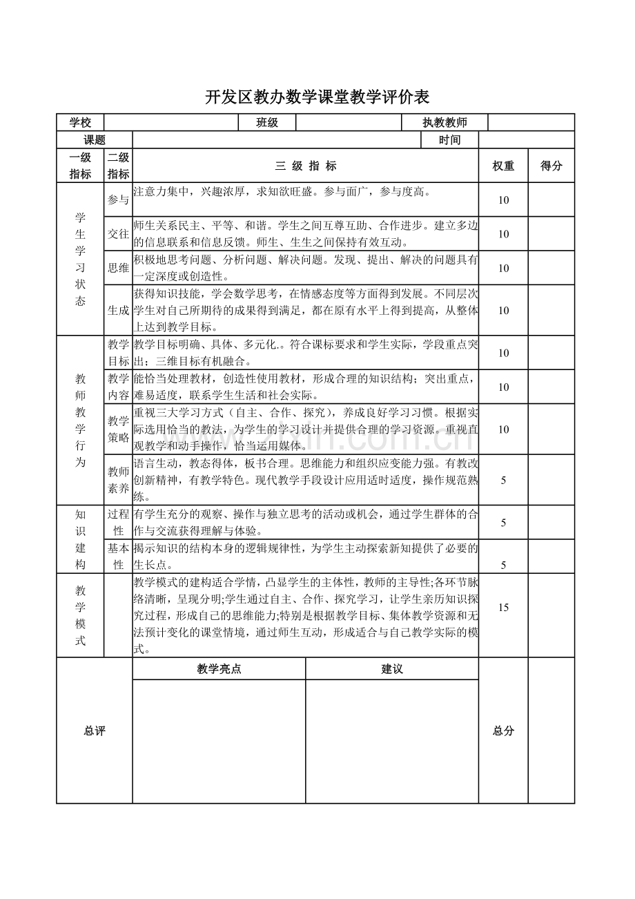 开发区教办数学课堂教学评价表.doc_第1页
